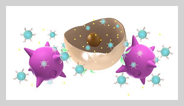 Artist's conception of nanoparticle-carrying immune cells that target tumors and release drug-loaded nanoparticles for cancer treatment.