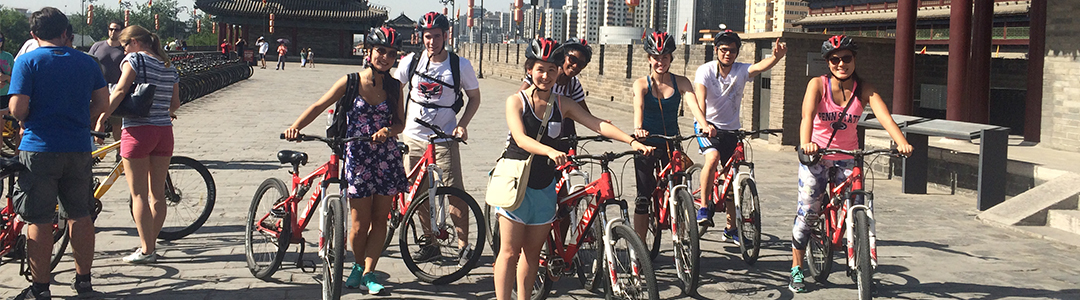 biomedical engineering students sight seeing by bicycle in Shanghai, China