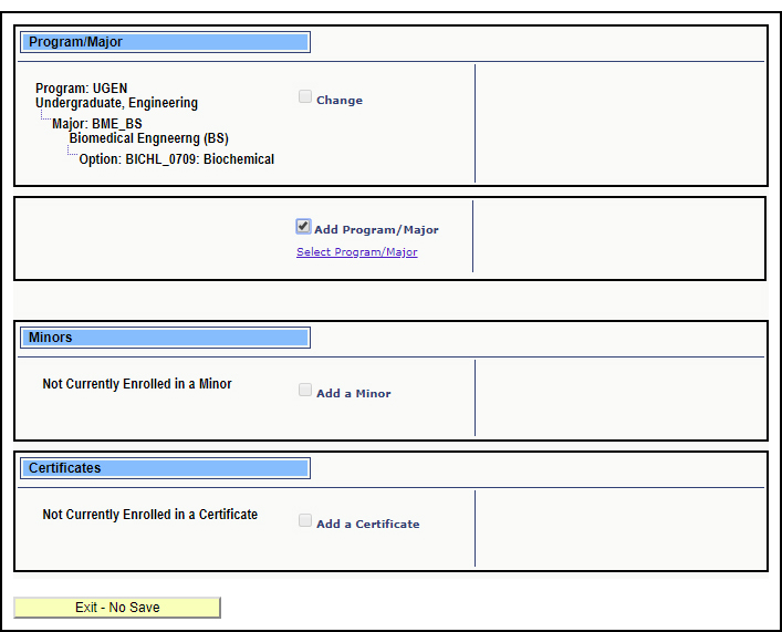 LionPATH screen shot showing how to add M E as a concurrent major