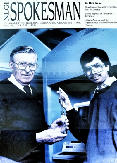 NGLI Magazine from 1994 showing Raj Shah, right, and Elmer Klaus, the late Penn State chemical engineering professor