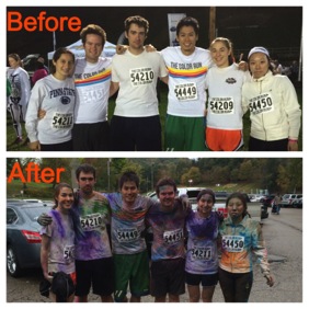Before and after pictures of students in the Pittsburgh Color Run 5K.